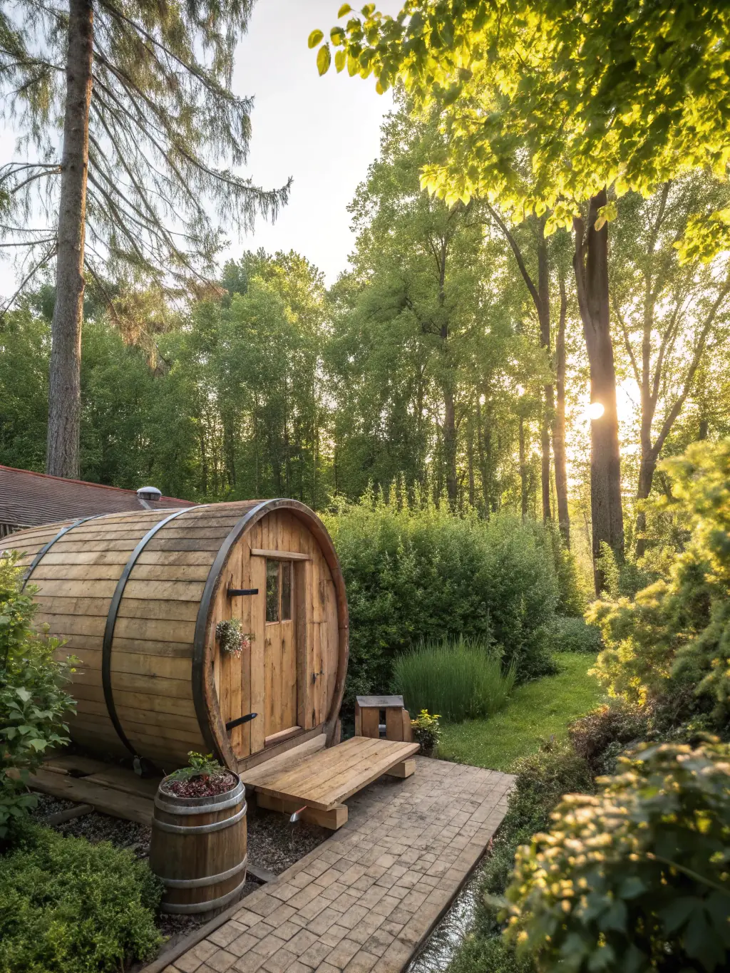 A mobile sauna parked at a scenic lakeside location, steam gently rising from the chimney, showcasing the convenience of bringing the sauna experience anywhere.