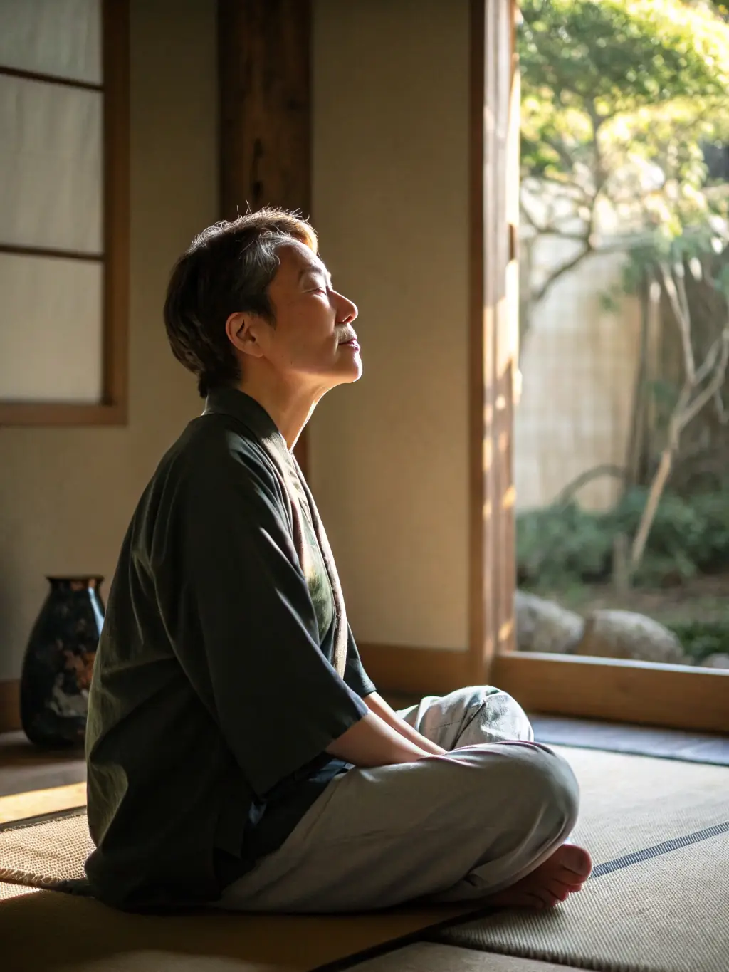 A person meditating inside a dimly lit mobile sauna, highlighting the calming and rejuvenating atmosphere.